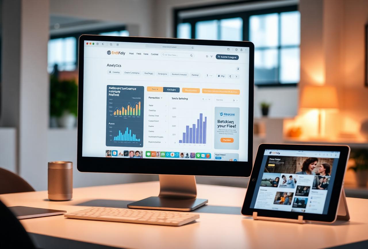 E-commerce dashboard on iMac with iPad showing mobile version
