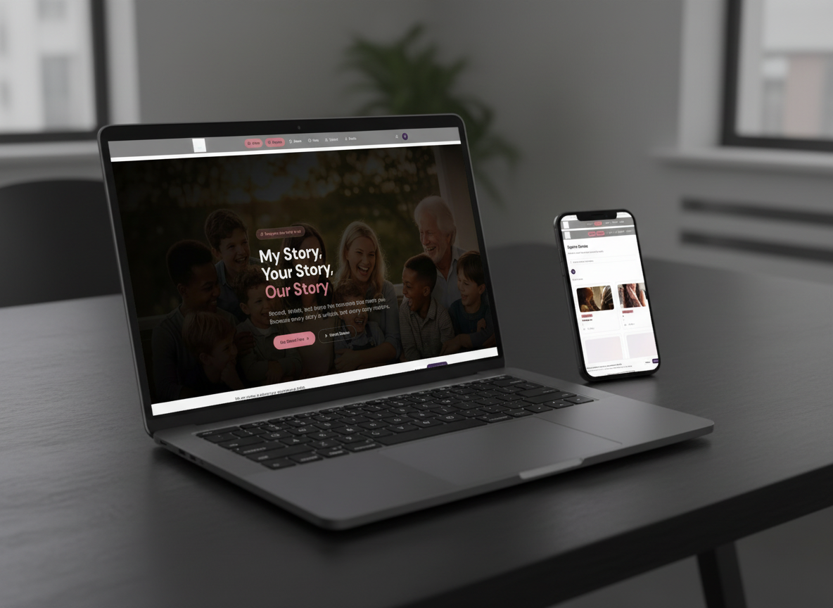 MYOS video storytelling platform shown on laptop and iPhone - Custom web app by WebKatie