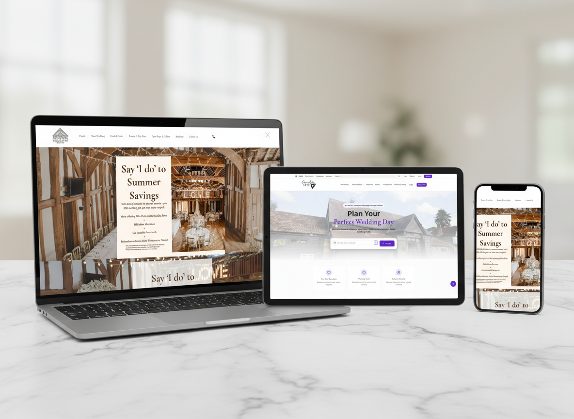 Tudor Barn and Ever After List websites across MacBook, iPad and iPhone - Responsive design by WebKatie