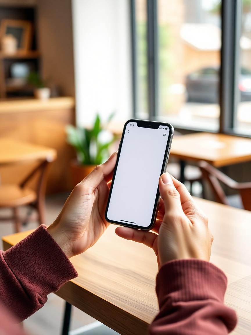 Mobile app interface on iPhone in a cafe setting