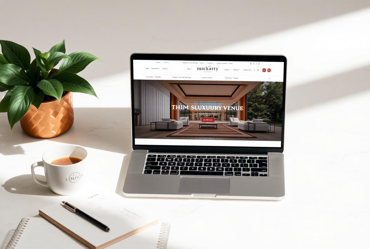 Wedding venue website displayed on MacBook in a styled workspace